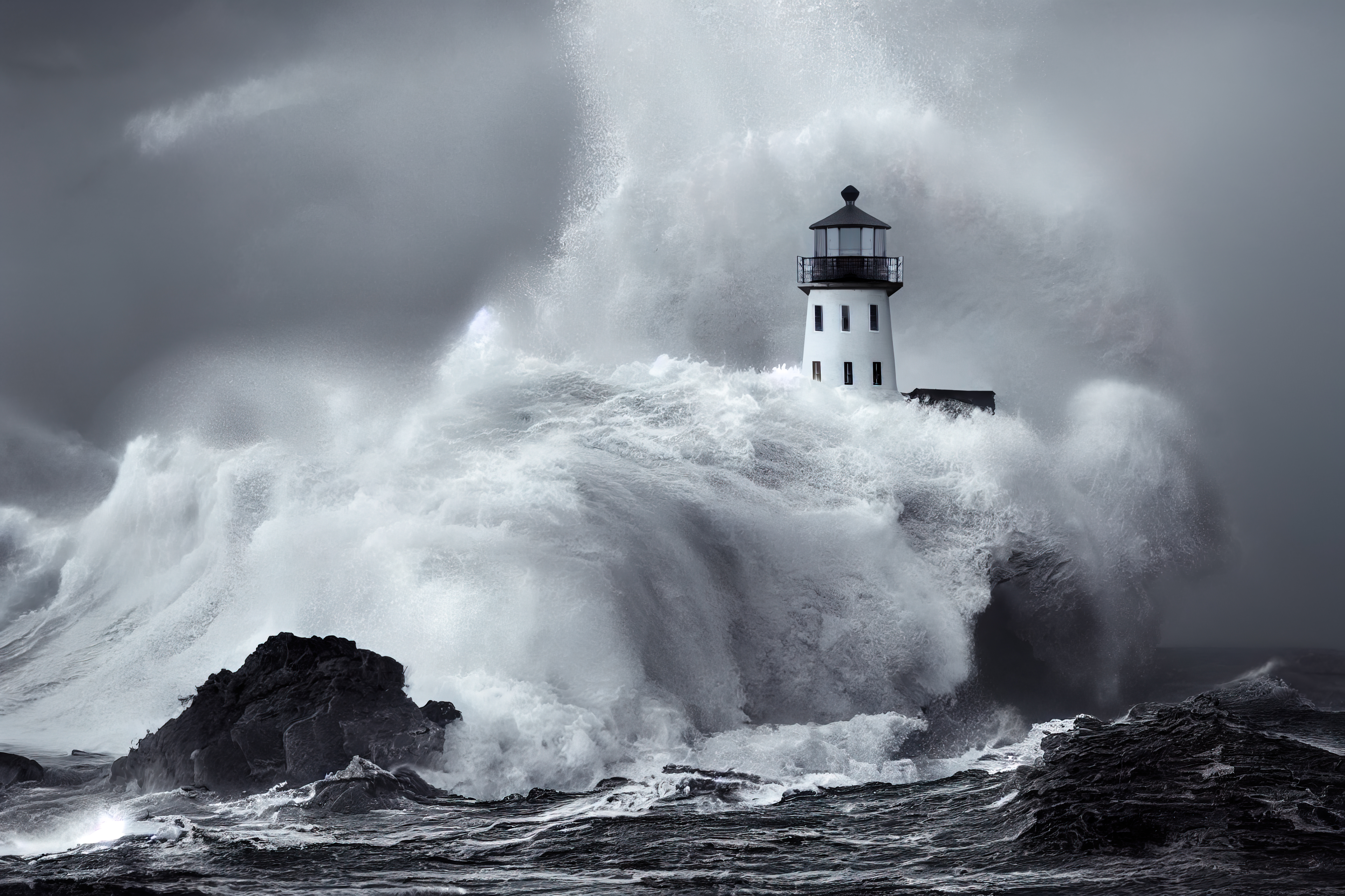 Hier sollten Sie ein Bild mit einem Leuchtturm auf einem Felsen, der bei Sturm von einer Flutwelle umspült wird, sehen ...